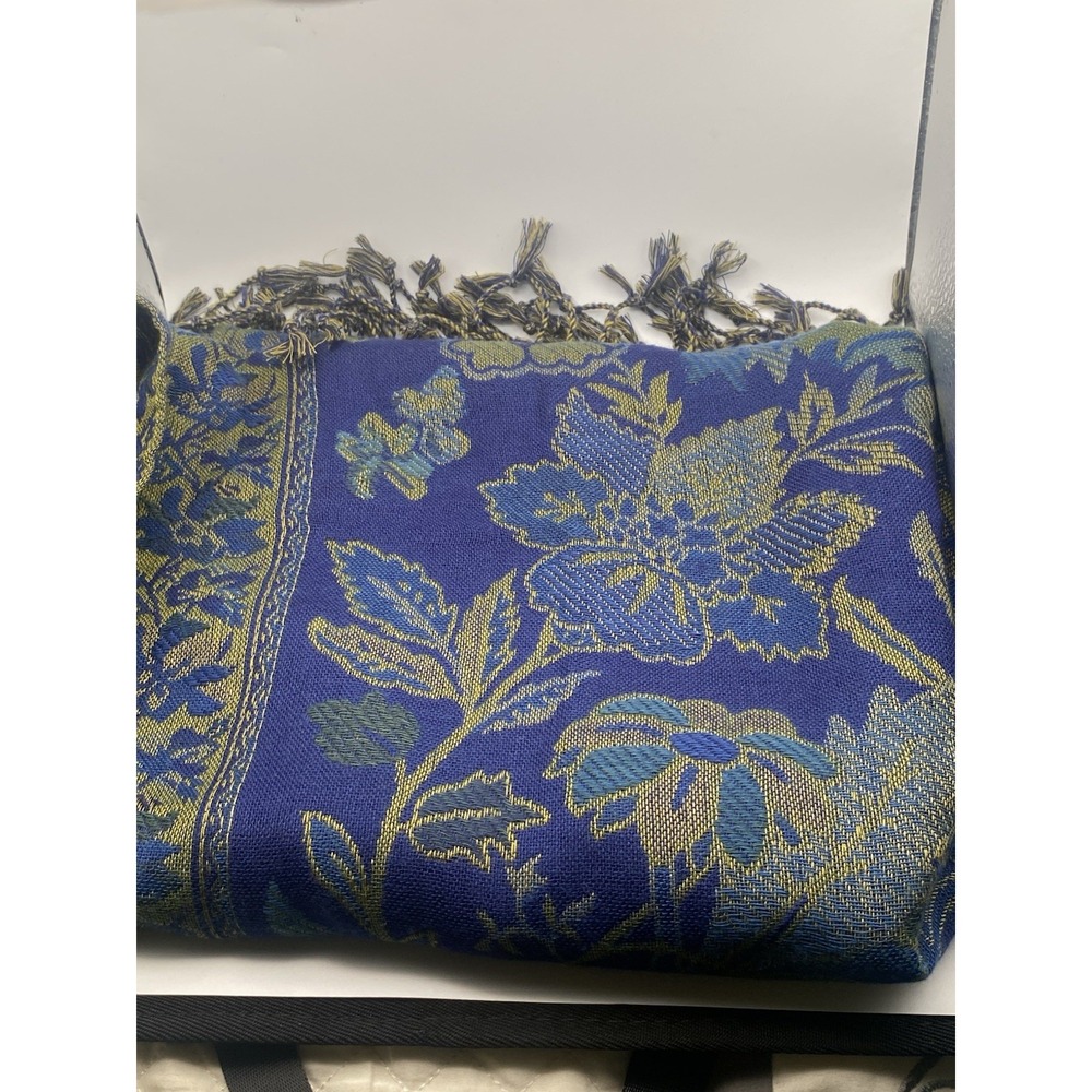 Royal Blue & Gold Pashmina Floral Jacquard Shawl Or Scarf